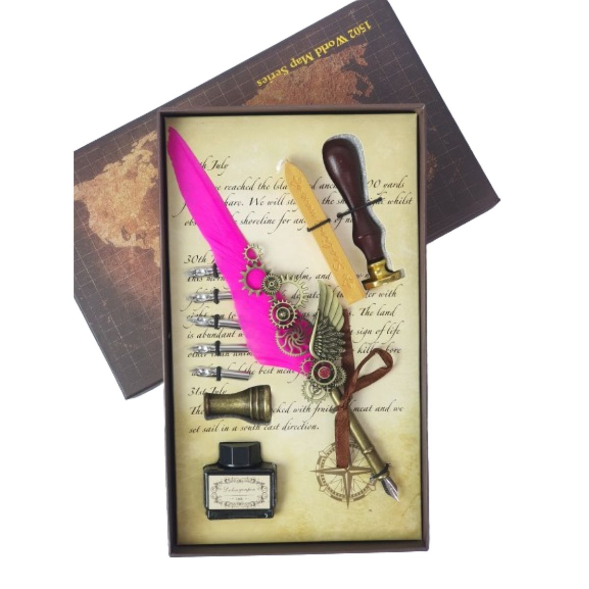 Kit Caneta Tinteiro Pena Engrenagem Rosa Com Carimbo Kit Caneta Tinteiro Pena Engrenagem Rosa Com Carimbo